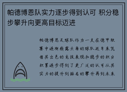 帕德博恩队实力逐步得到认可 积分稳步攀升向更高目标迈进