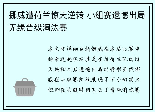 挪威遭荷兰惊天逆转 小组赛遗憾出局无缘晋级淘汰赛