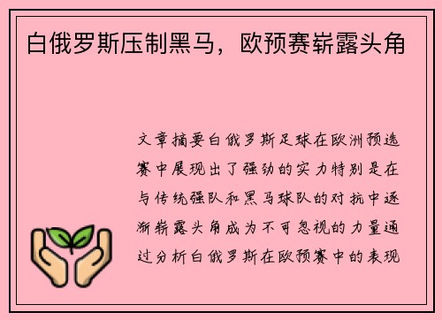 白俄罗斯压制黑马，欧预赛崭露头角