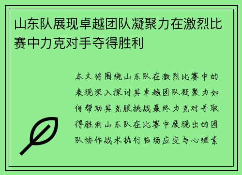 山东队展现卓越团队凝聚力在激烈比赛中力克对手夺得胜利