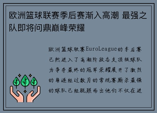 欧洲篮球联赛季后赛渐入高潮 最强之队即将问鼎巅峰荣耀